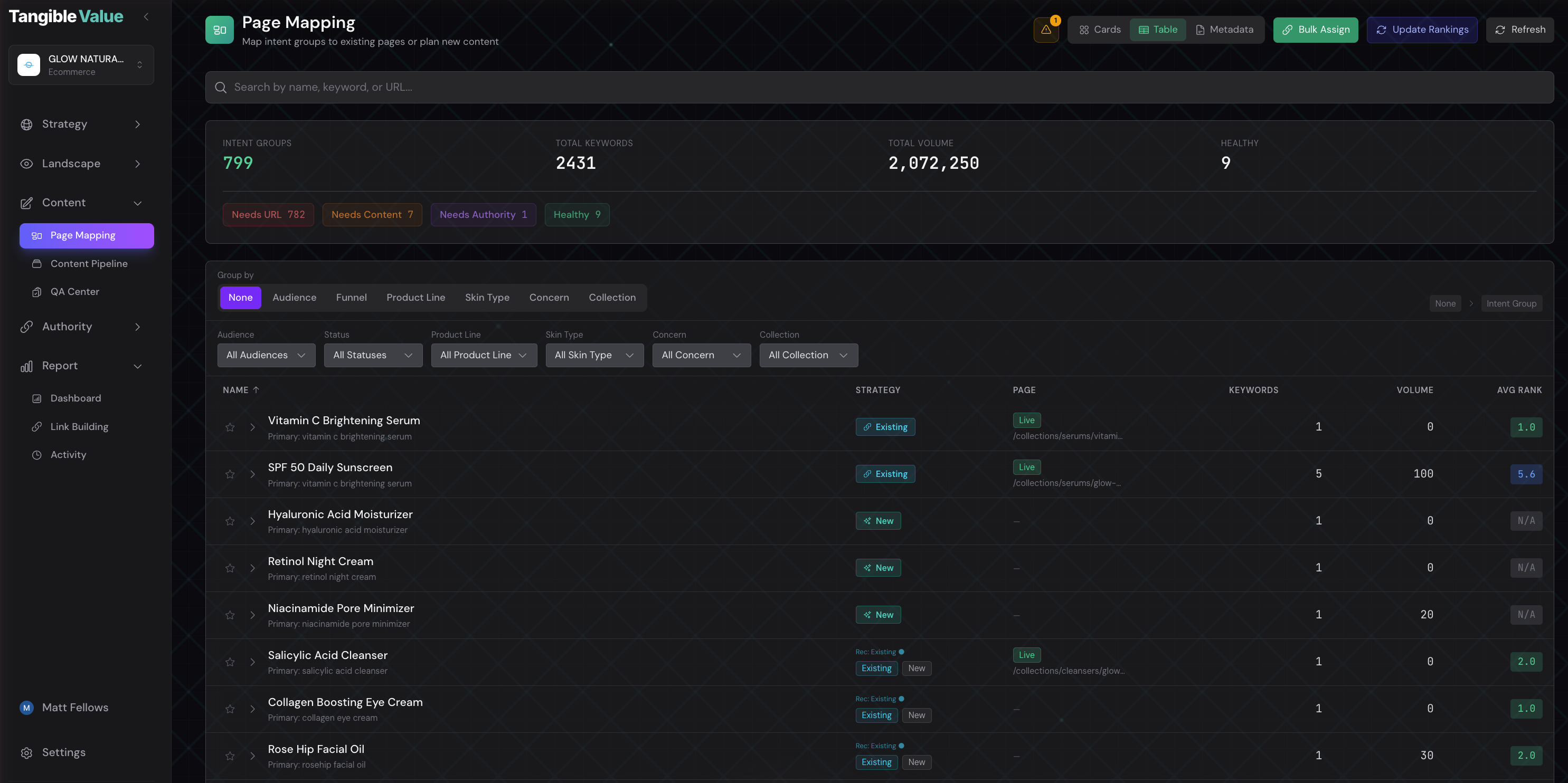 Page Mapping interface showing ecommerce products mapped to site pages